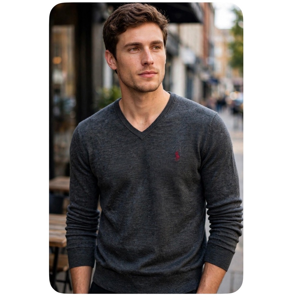 Polo Ralph Lauren Mens Gray Merino Wool V-Neck Sweater Custom Fit Large